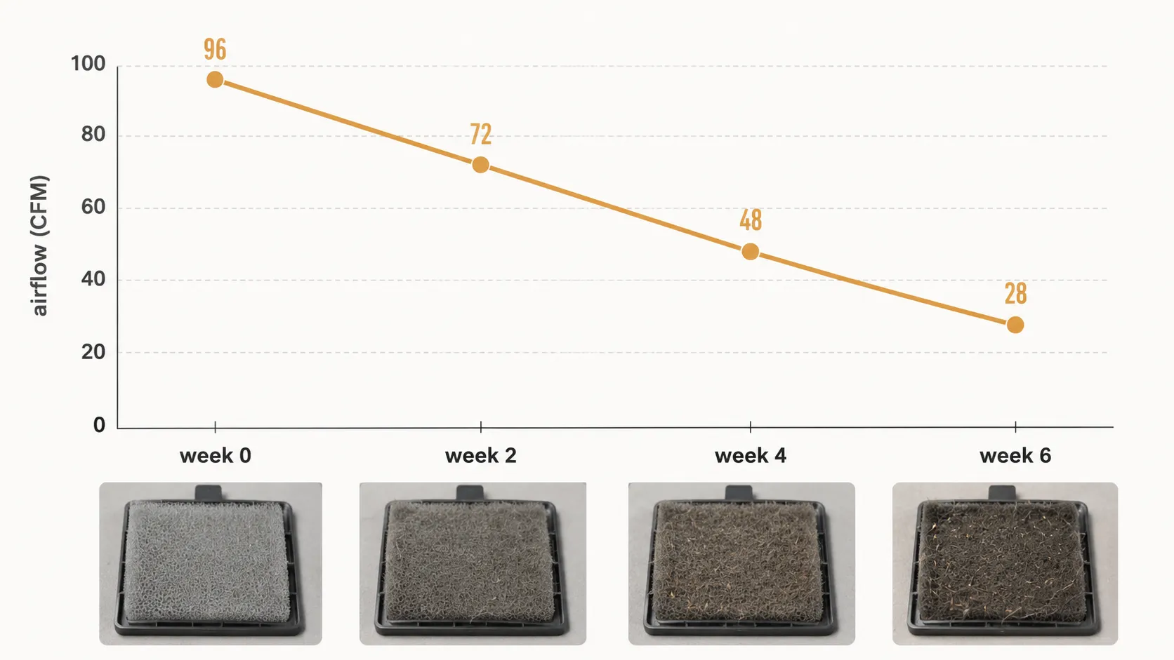 Line chart showing vacuum airflow falling from 96 CFM at week 0 to 28 CFM at week 6, with pre-motor filter photos becoming progressively dirtier.