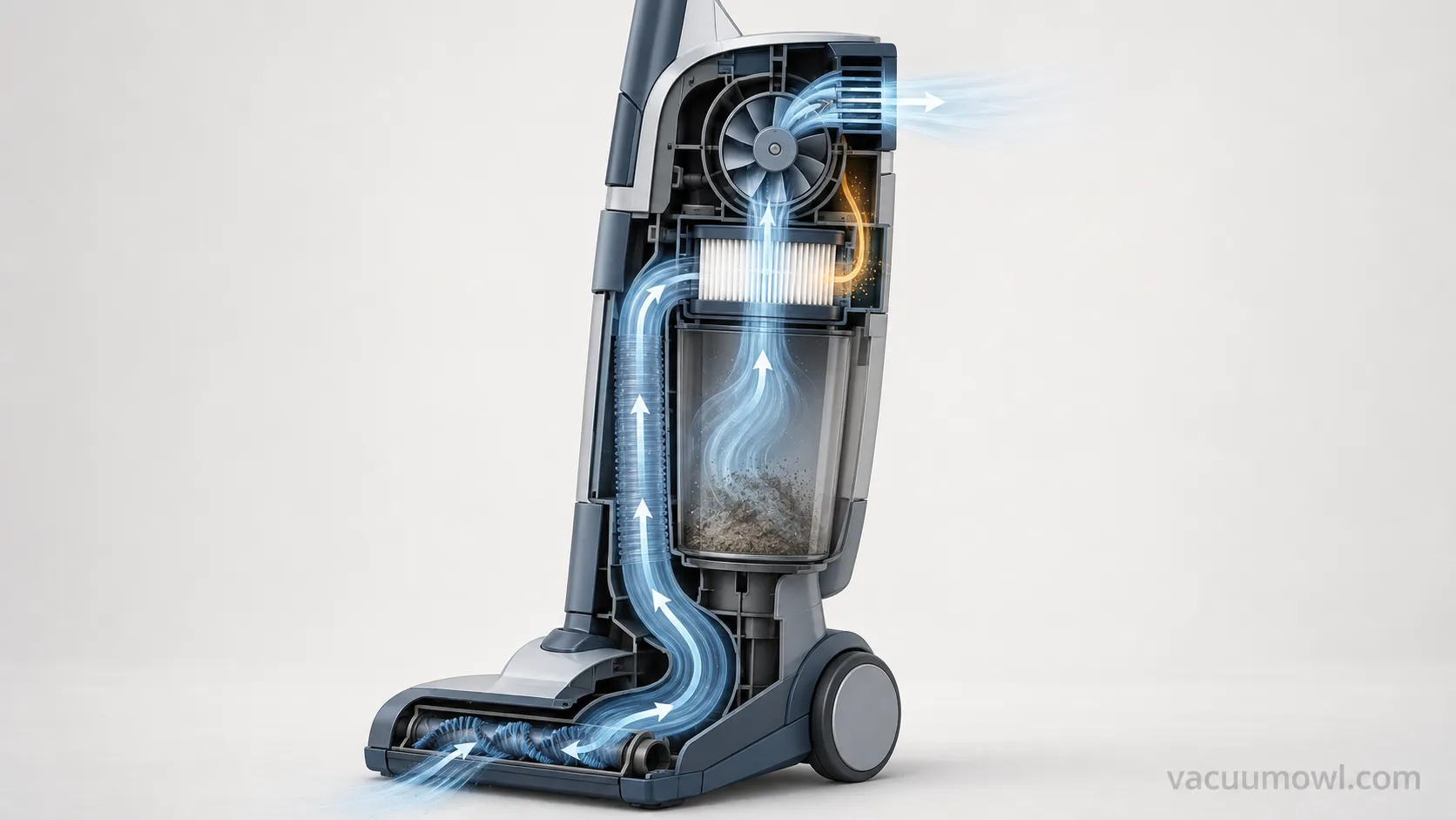 Vacuum airflow path showing where dust bypasses the filter into the fan and out the exhaust