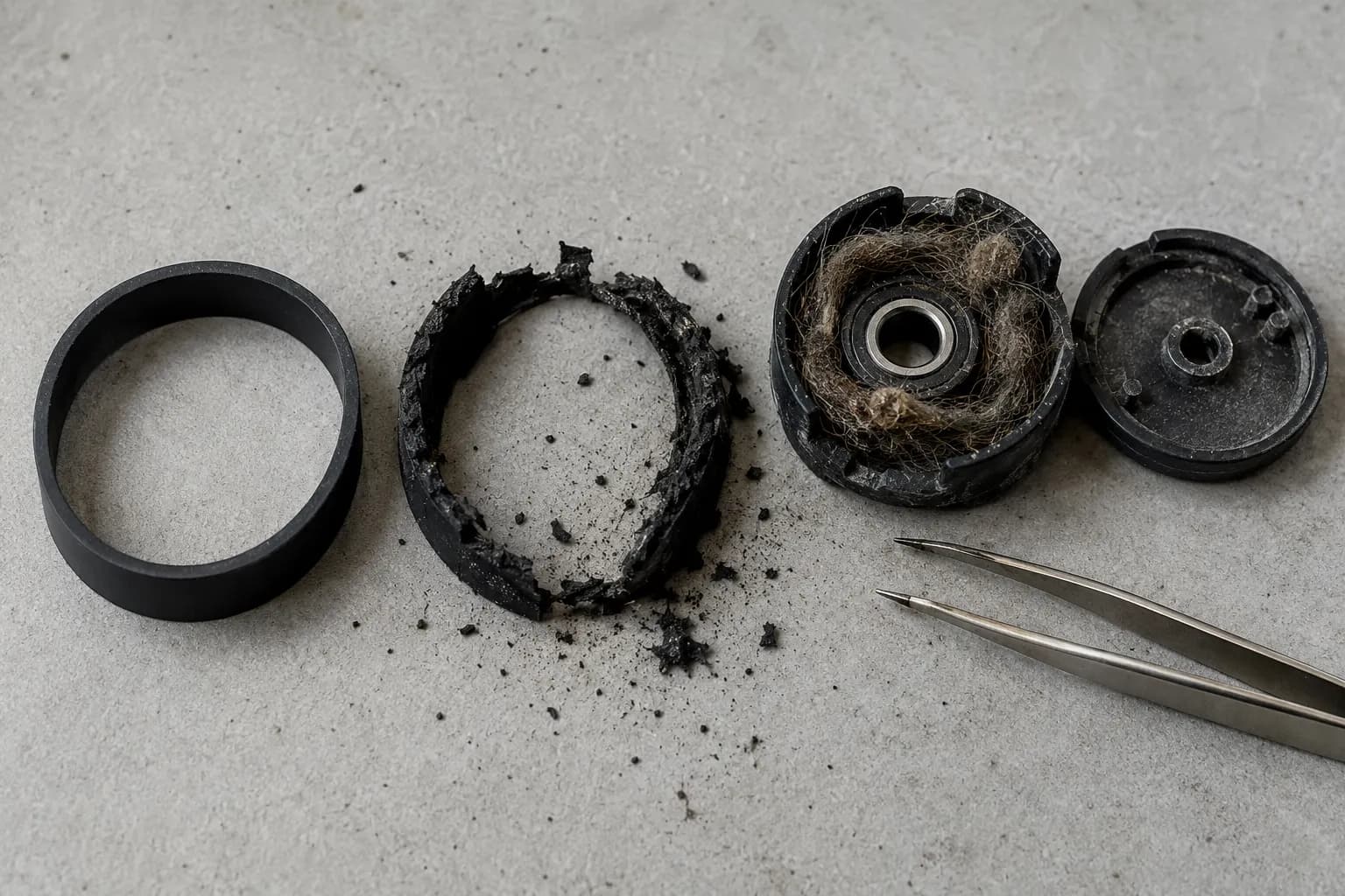 Intact and shredded vacuum drive belts beside a hair-packed brush roll end cap, rubber debris and tweezers on a grey repair workbench.