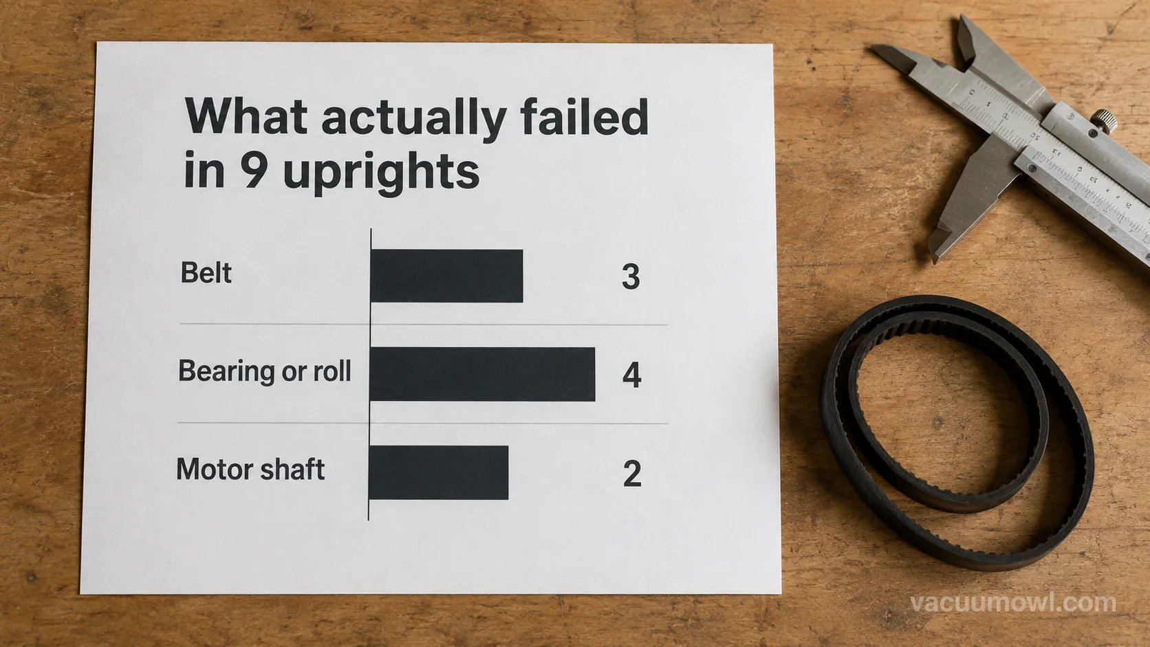 teardown tally showing a vacuum belt keeps breaking more often from a bearing or motor shaft than the belt itself