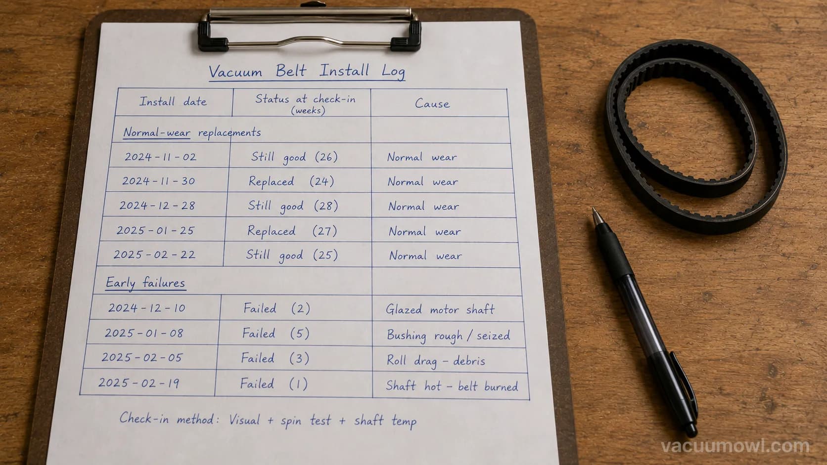 dated log showing vacuum belt lifespan and early failures when a belt keeps breaking