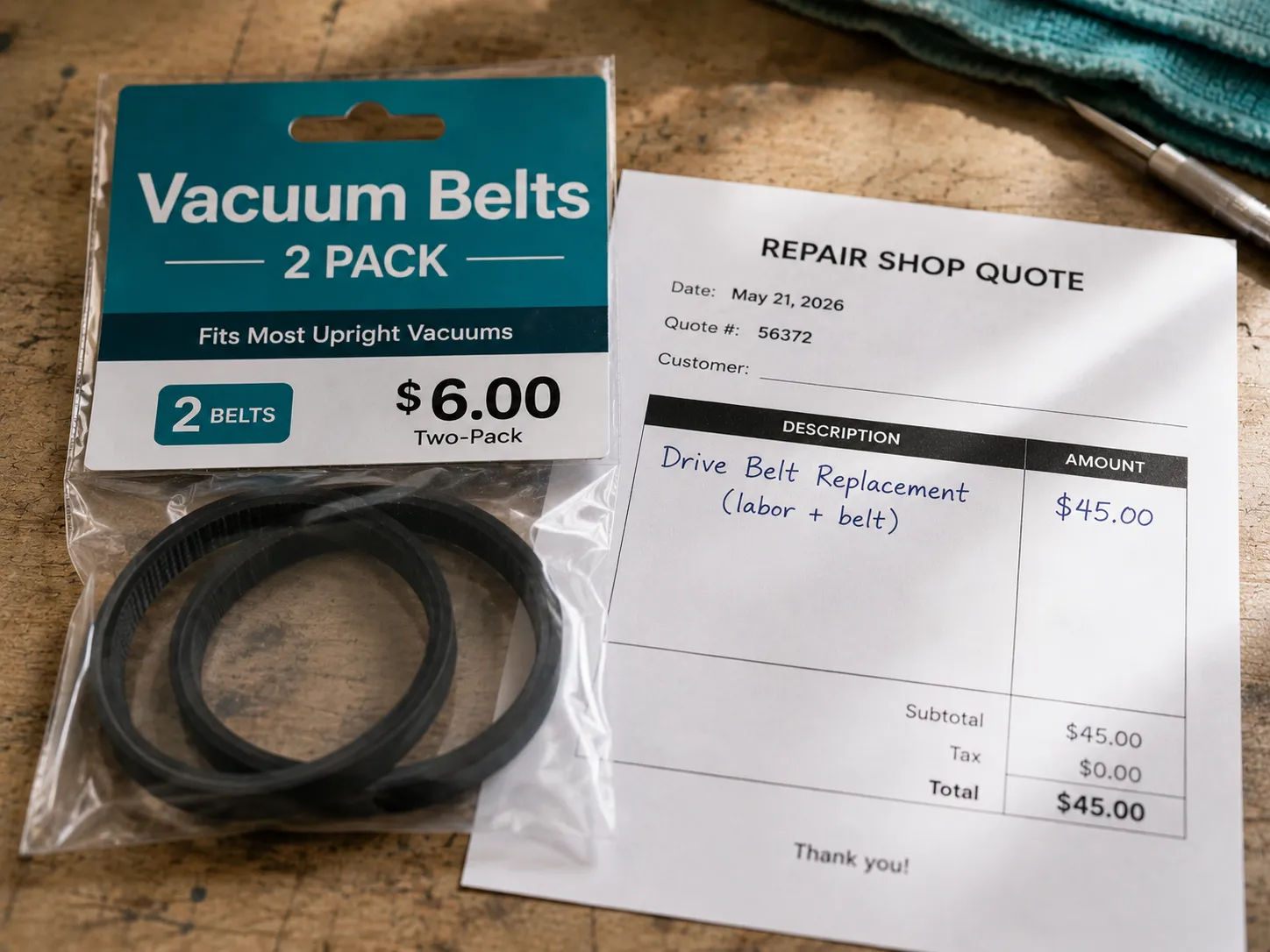 A six-dollar vacuum belt two-pack beside a forty-five-dollar shop quote for the same fit.