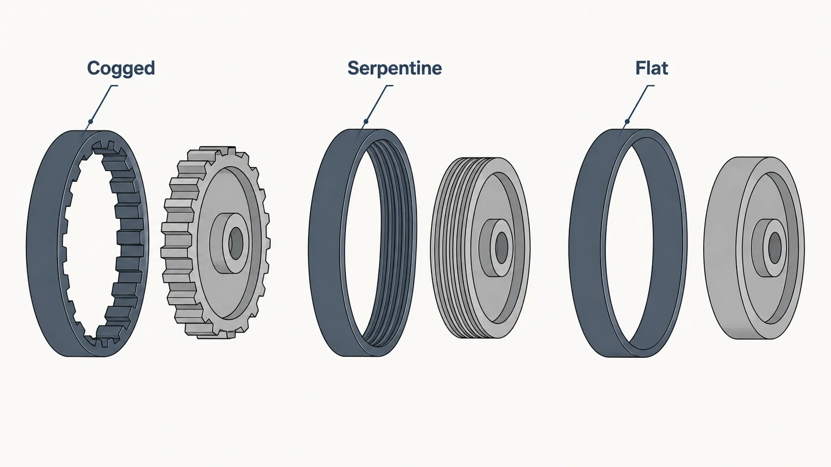 Technical diagram comparing cogged, serpentine and flat vacuum drive belts with the toothed, grooved and smooth pulleys each design requires.