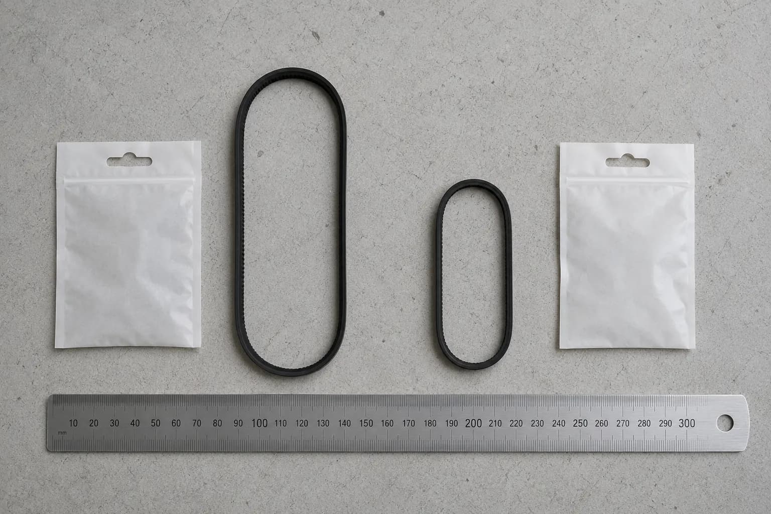 Overhead comparison of two vacuum drive belts sold under the same retail label but made in different lengths and not interchangeable.