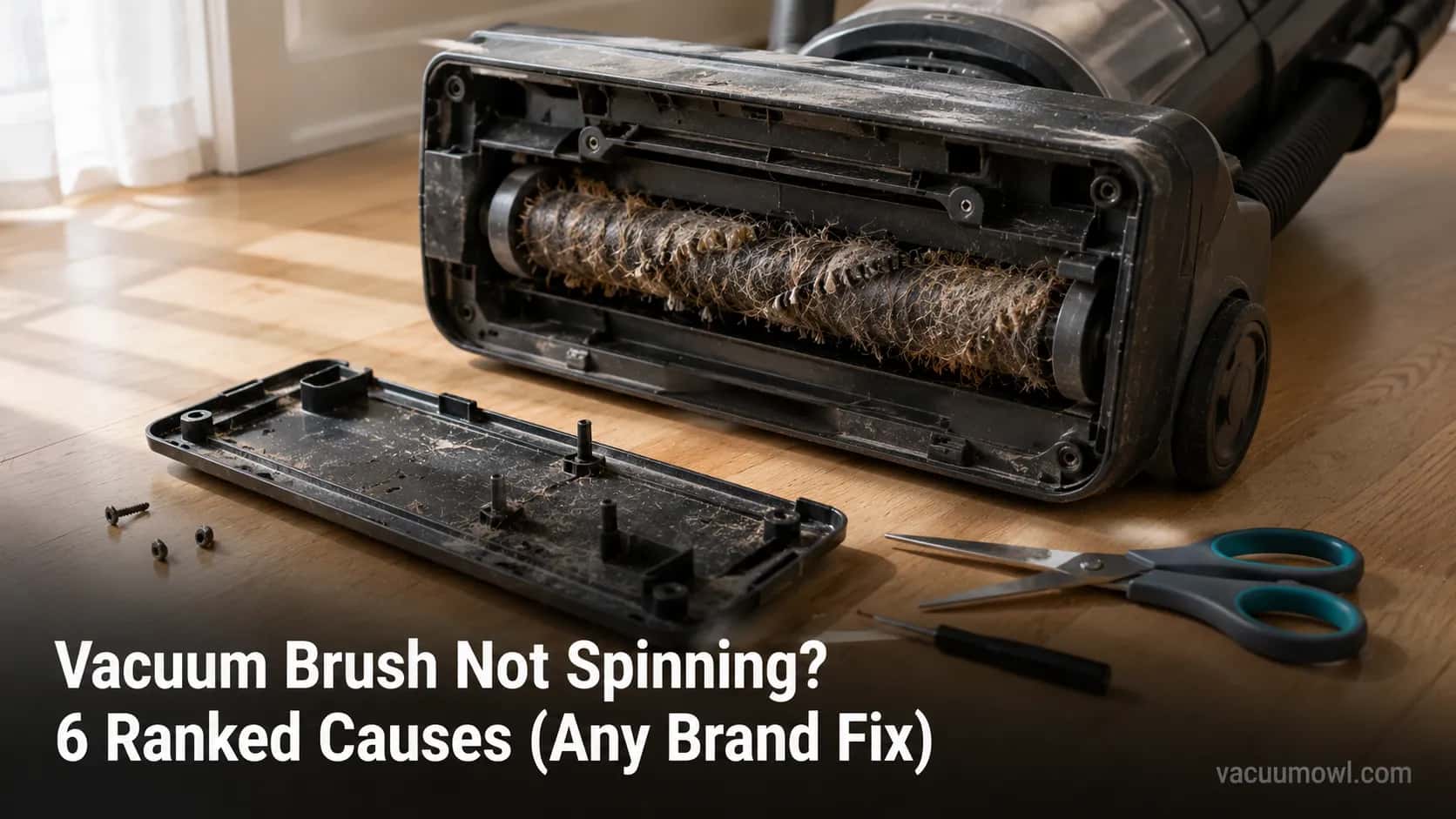 Upright vacuum tipped over showing a brush roll not spinning because it is wrapped with hair.
