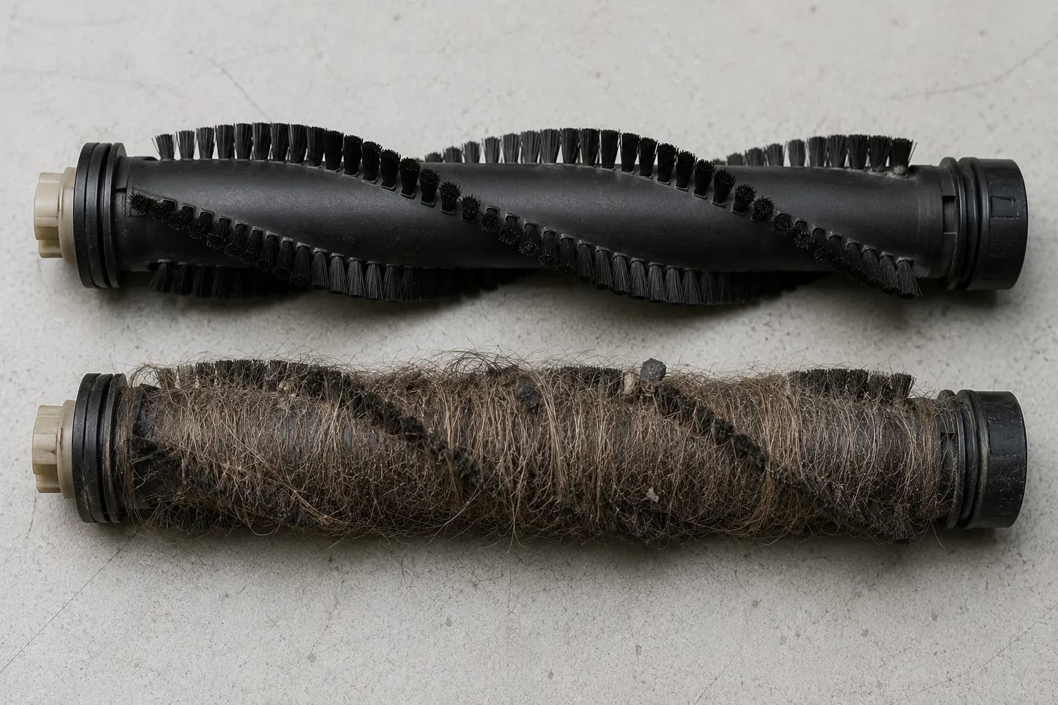 Overhead comparison of two vacuum brush rolls, with one clean and the other densely wrapped in hair and fibre, showing how regular cleaning can extend belt life.
