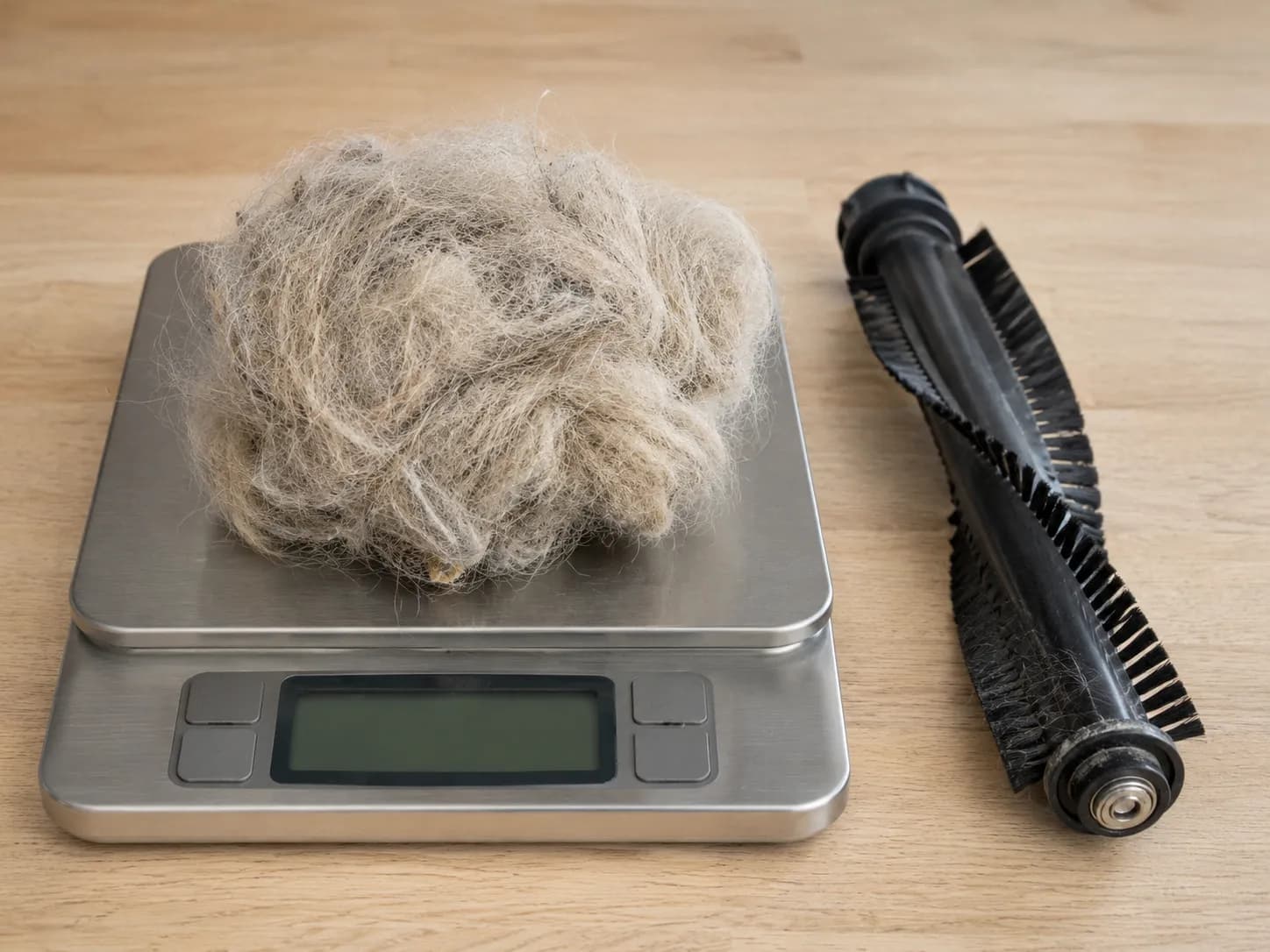 Eight weeks of pet hair and carpet fibre removed from a vacuum brush roll’s end bearings and weighed on a digital kitchen scale.