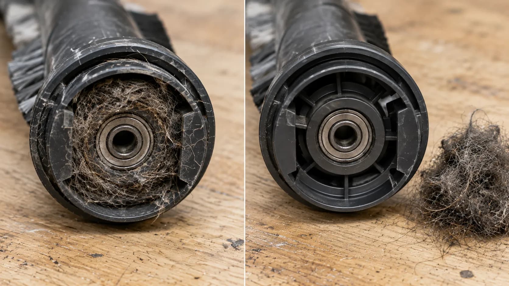 Before and after cleaning a vacuum brush roll end cap packed with hair.