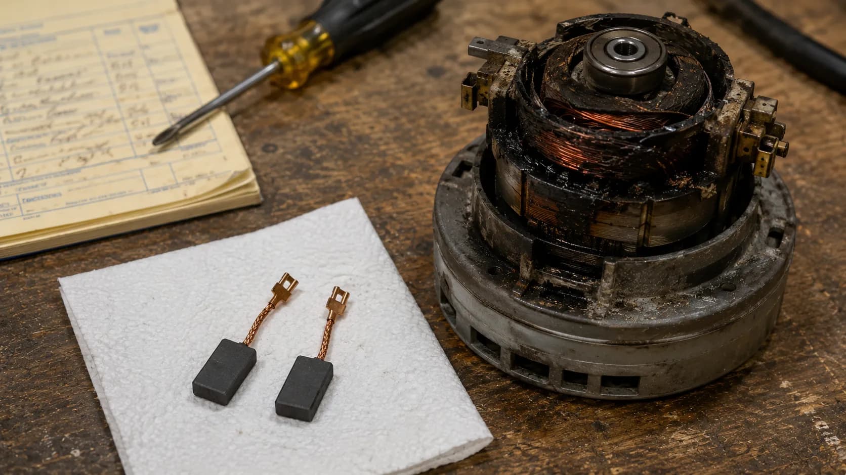 a small carbon-brush set beside a burnt-out vacuum motor on a bench