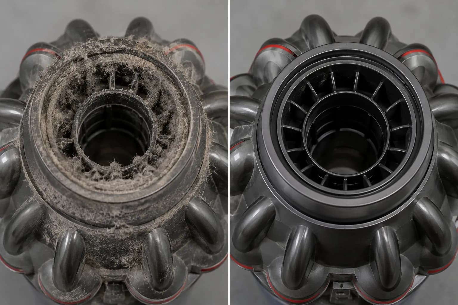 Before-and-after macro comparison of a cordless vacuum cyclone shroud packed with grey dust and then brushed clean.