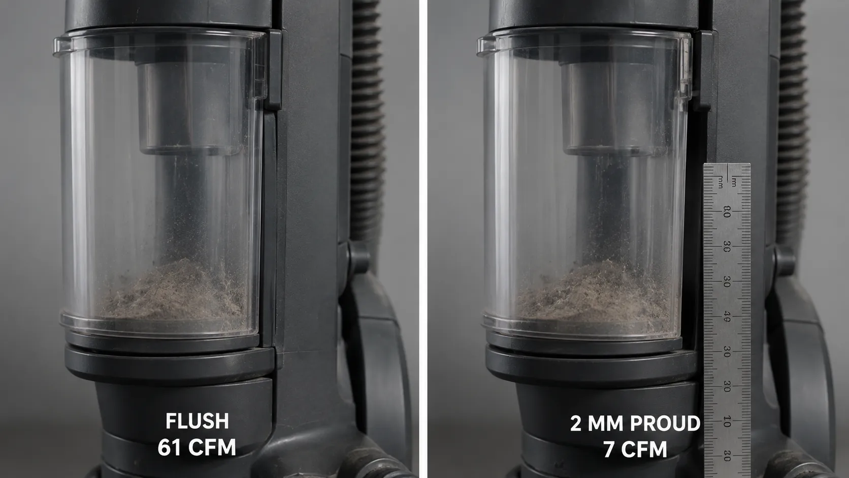 Side-by-side comparison of a vacuum dirt tank seated flush at 61 CFM and misaligned by 2 mm at 7 CFM, with a steel rule showing the seal gap.
