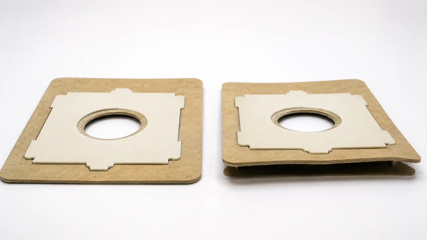 Side-by-side comparison of a vacuum disposal bag collar seated flush and a warped collar with a visible gap that caused an air leak.