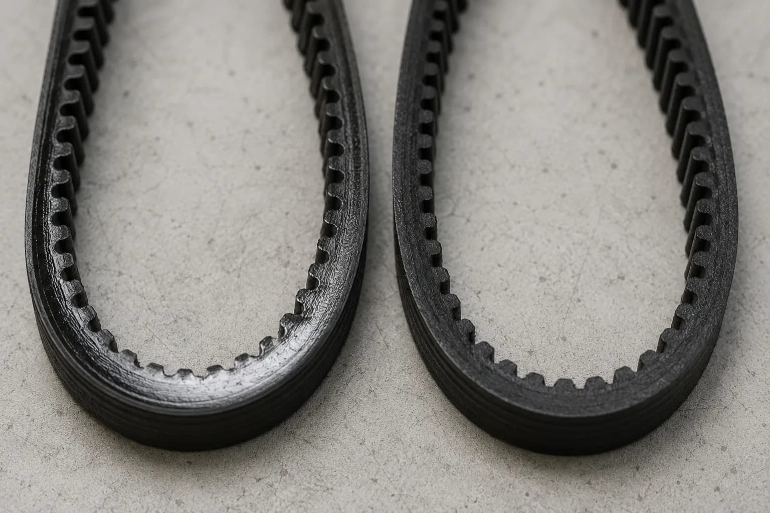 Macro comparison of two vacuum drive belts, with the failed belt on the left showing a glossy heat-polished surface and the healthier belt on the right remaining matte.