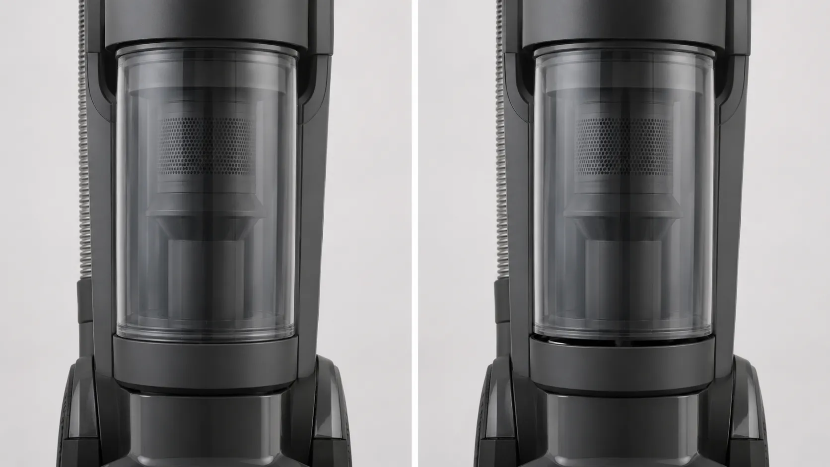 Side-by-side comparison of a vacuum dust cup seated correctly and slightly misaligned, showing a visible gap at the lower joint.