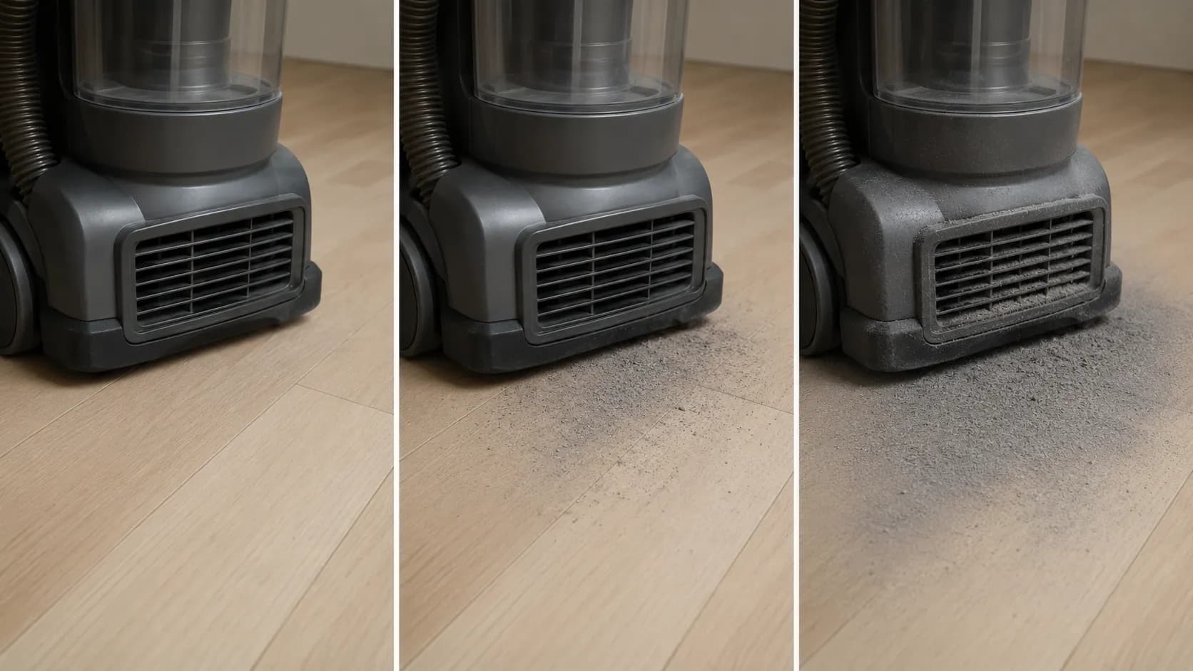 Three-panel comparison of an upright vacuum exhaust vent showing progressively heavier dust deposits and a visible dust halo on the hardwood floor.
