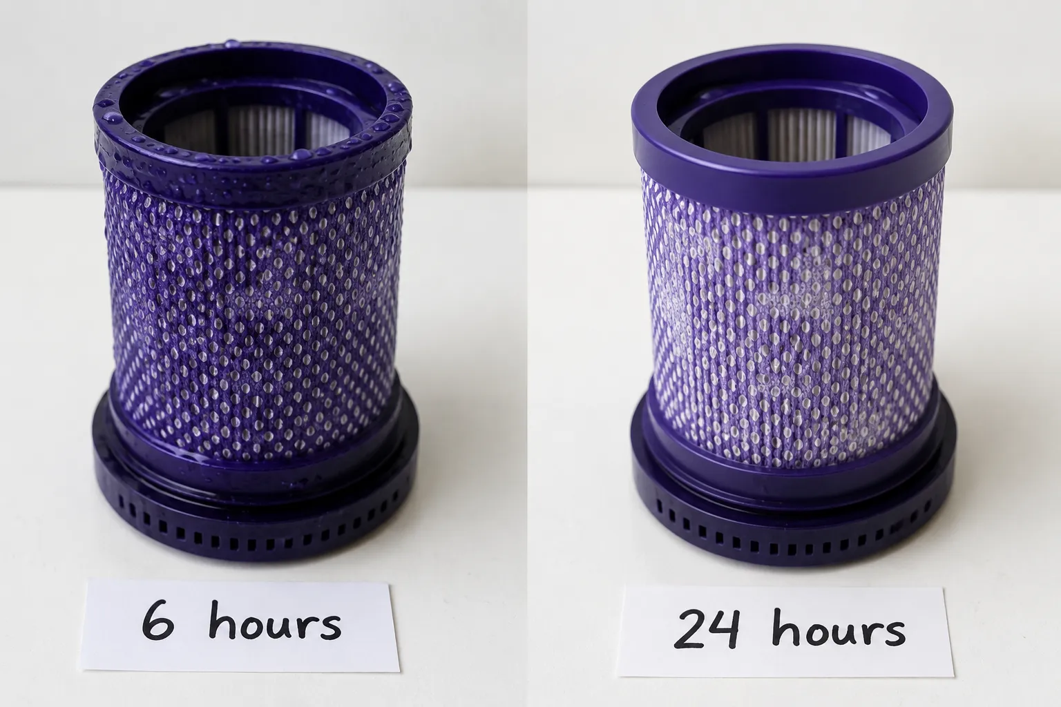 Before-and-after comparison of the same purple vacuum filter, still damp after 6 hours and fully dry after 24 hours.