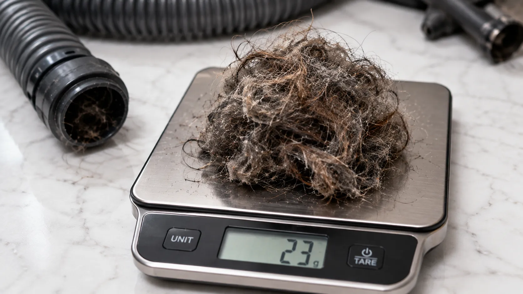 a clump of hair pulled from a vacuum hose weighed on a kitchen scale