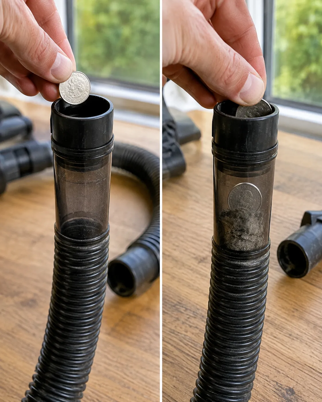 coin test showing a clog in a vacuum hose with no suction