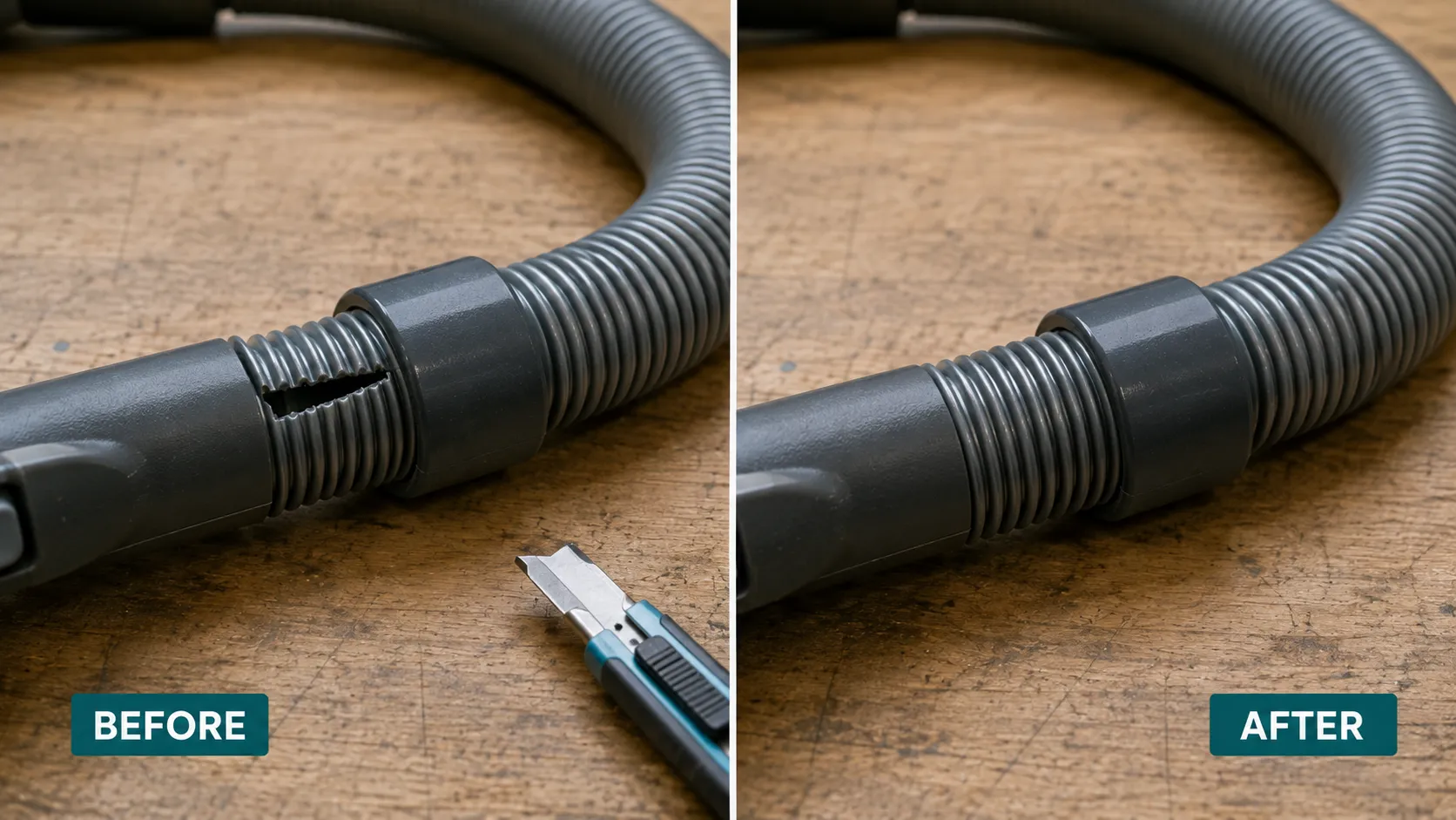 Split vacuum hose shown before and after refitting into its plastic cuff behind the handle.