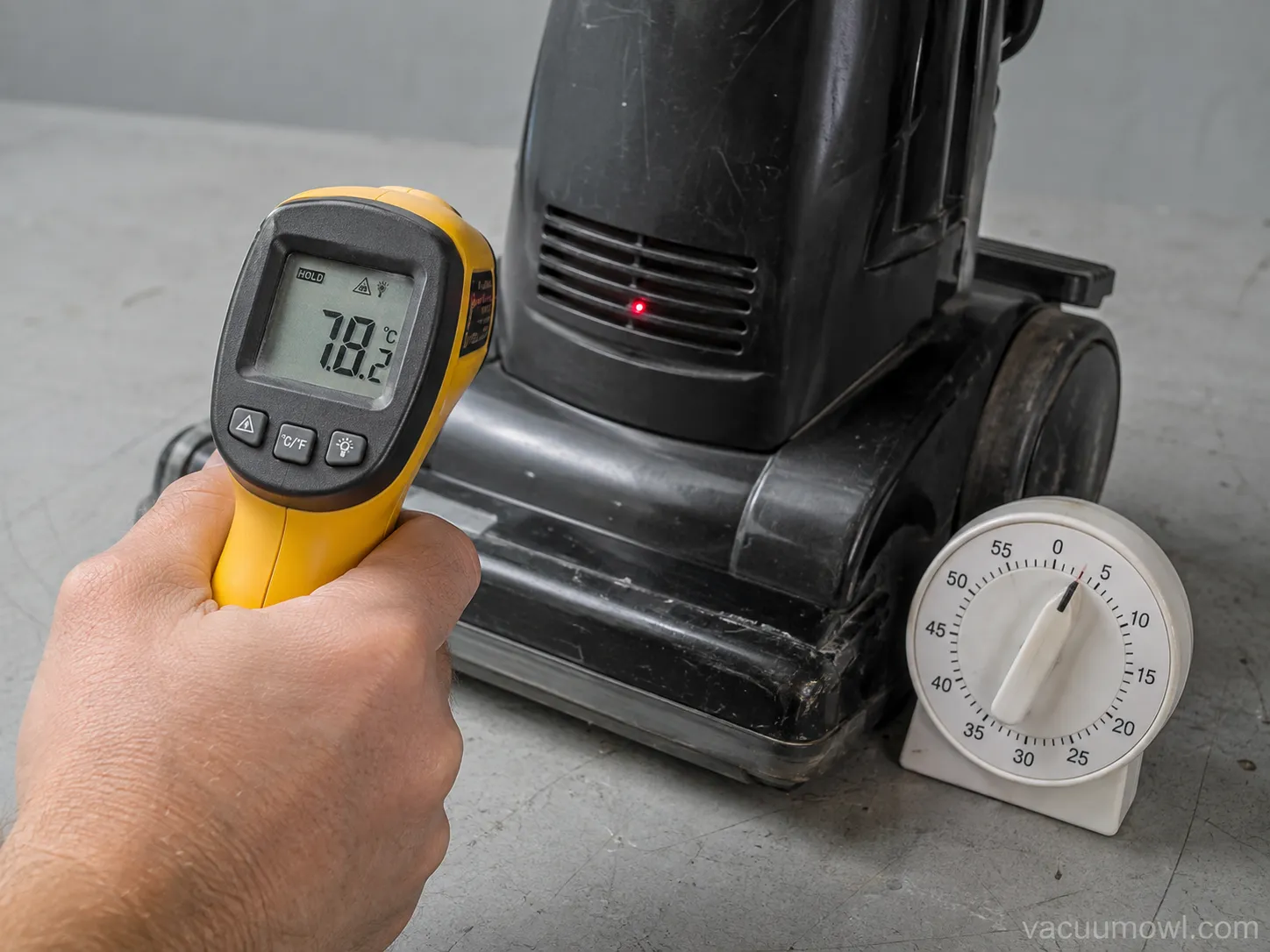 infrared thermometer showing an overheating vacuum motor housing temperature