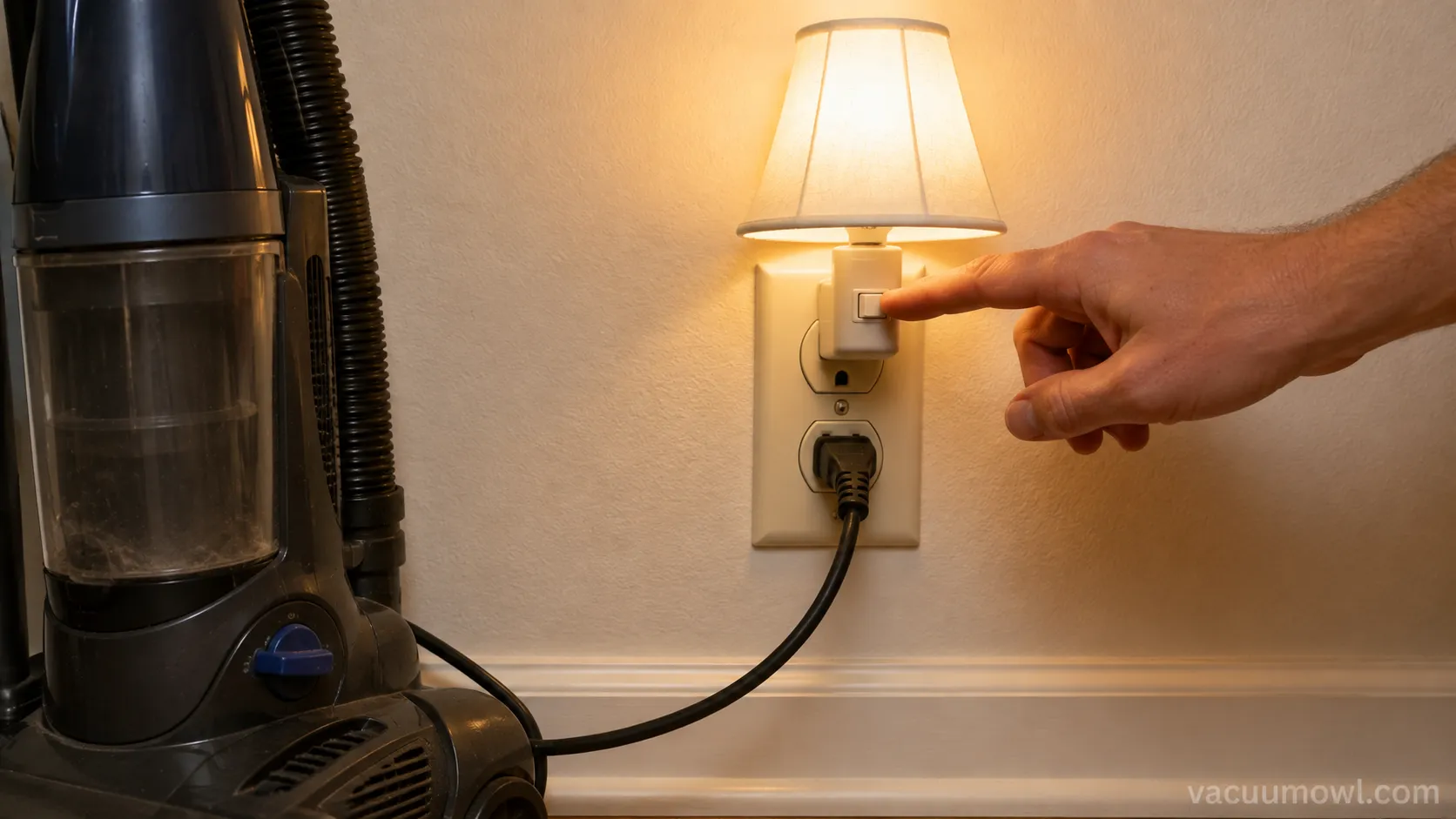testing a wall outlet with a lamp before blaming the vacuum for no power