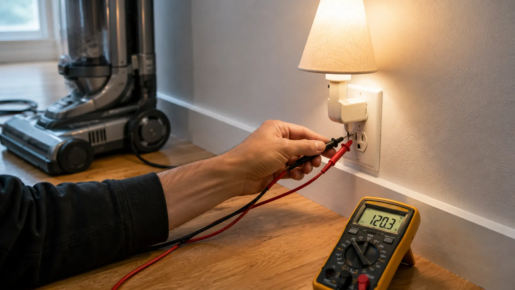A hand testing a wall outlet with a multimeter and lamp to check power for a dead vacuum.