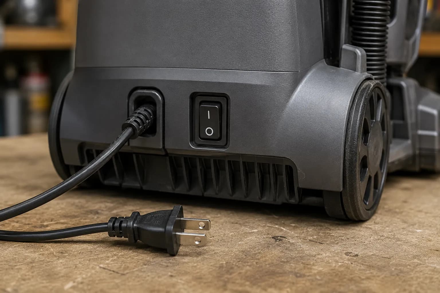 Close-up of an upright vacuum’s power switch and cord entry with the plug disconnected in the foreground for a safe power check.