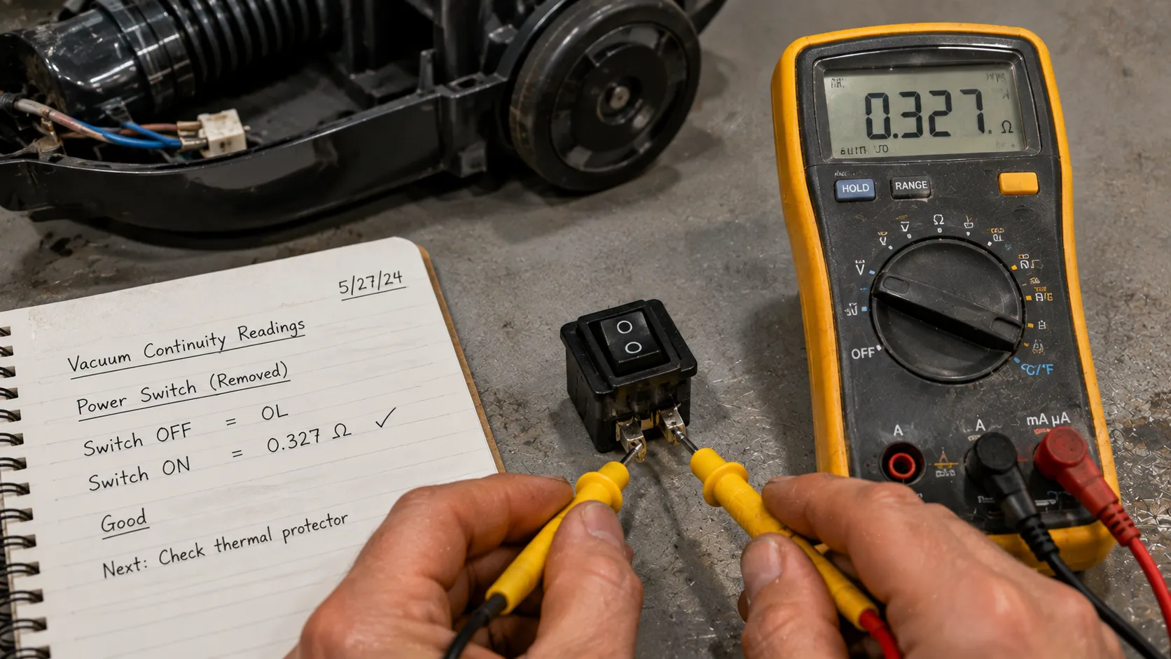 Multimeter probes testing a vacuum power switch for continuity during a no-power repair.