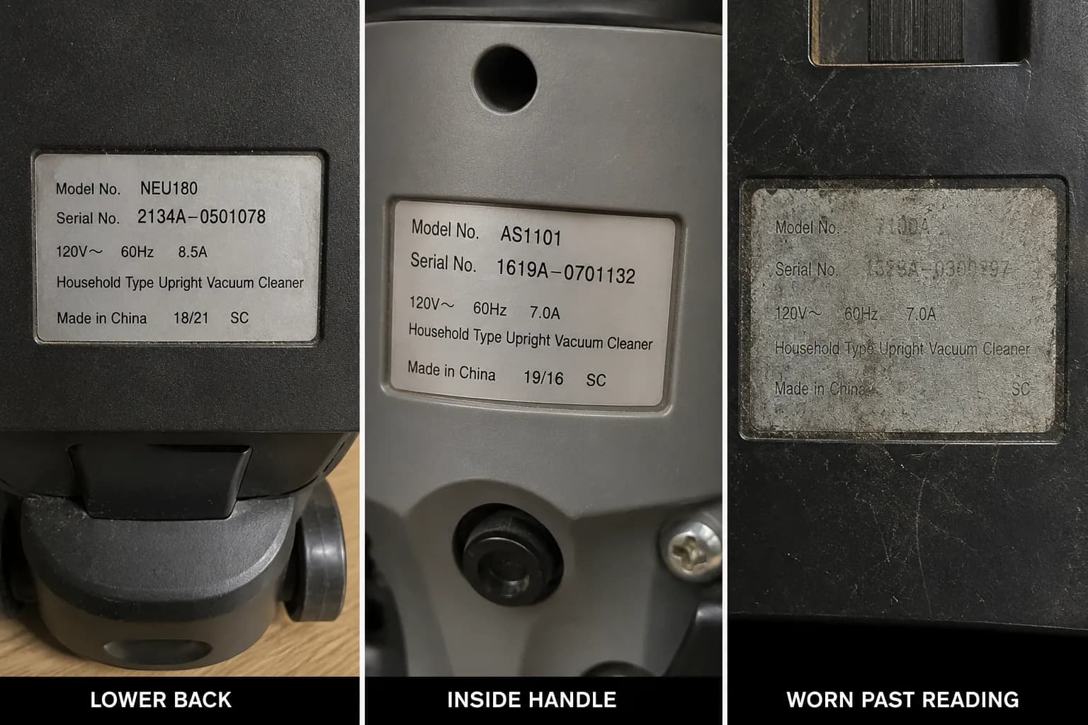 Three vacuum cleaner rating plates shown in different locations, including one faded label that is worn past reading.