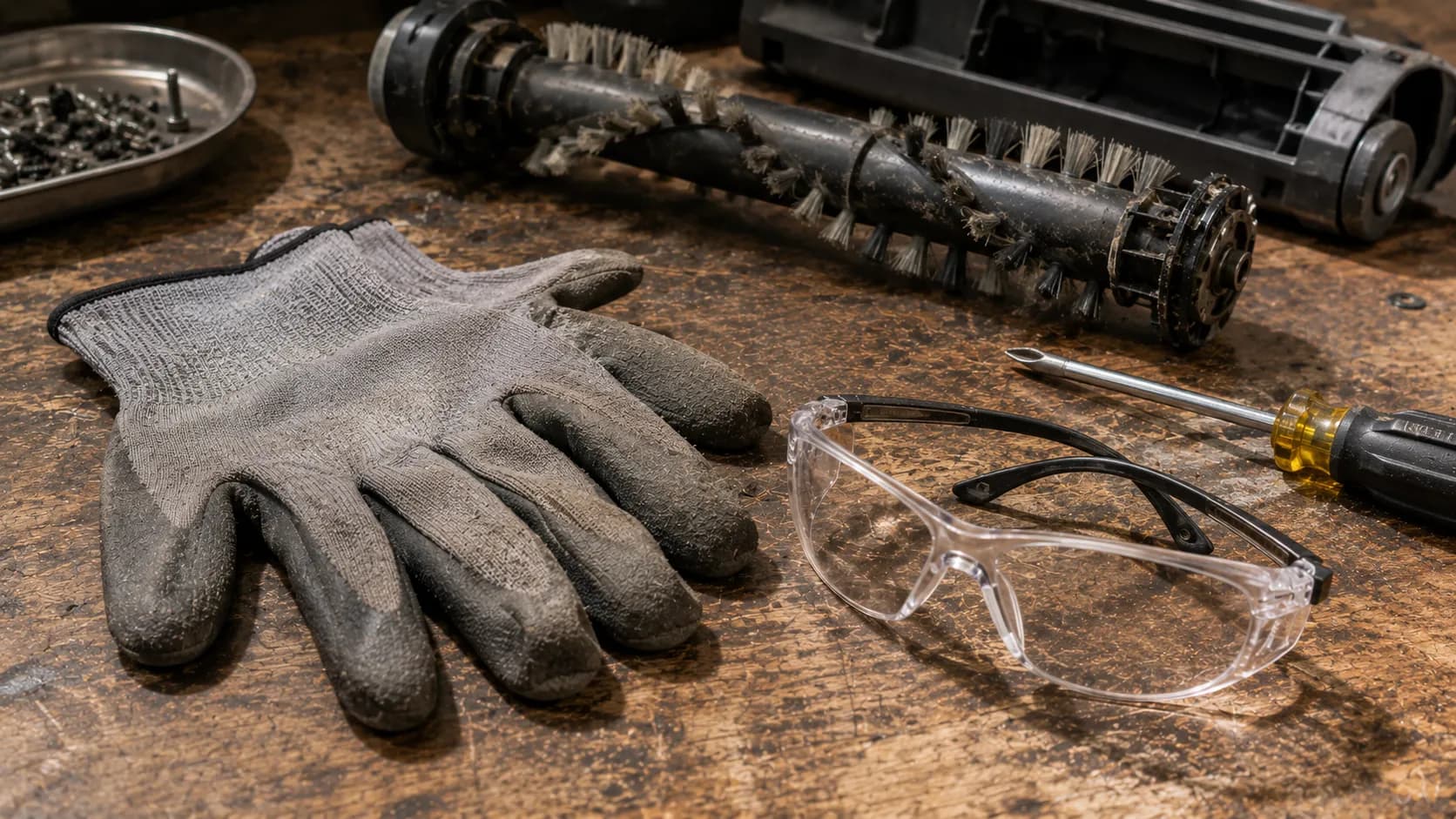 work gloves and safety glasses on a vacuum-repair bench