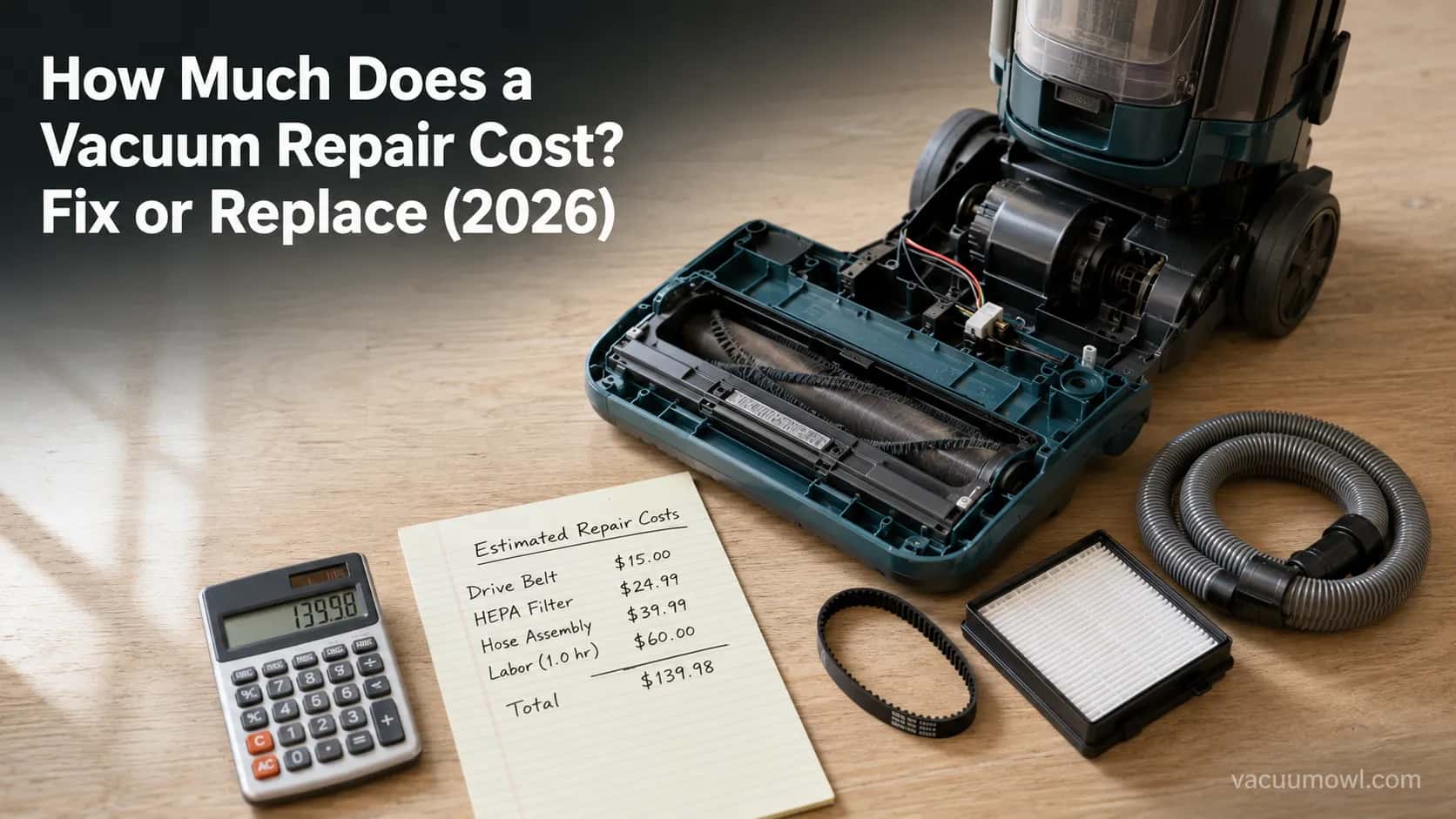 Disassembled upright vacuum with replacement belt, filter, and hose beside a handwritten repair cost note on a workbench.