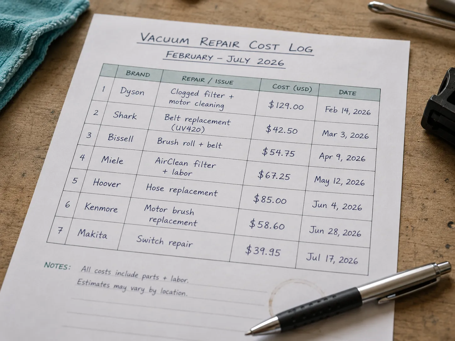 Dated 2026 vacuum repair cost log showing a priced repair for each of seven brands.