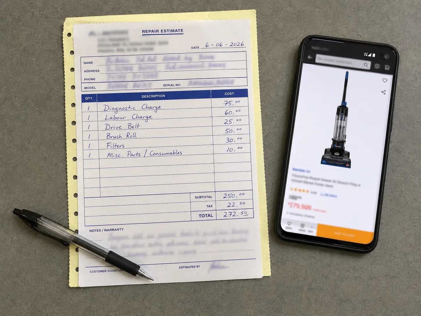 Written vacuum repair estimate dated June 2026 placed beside a smartphone showing the price of a comparable new upright vacuum cleaner.