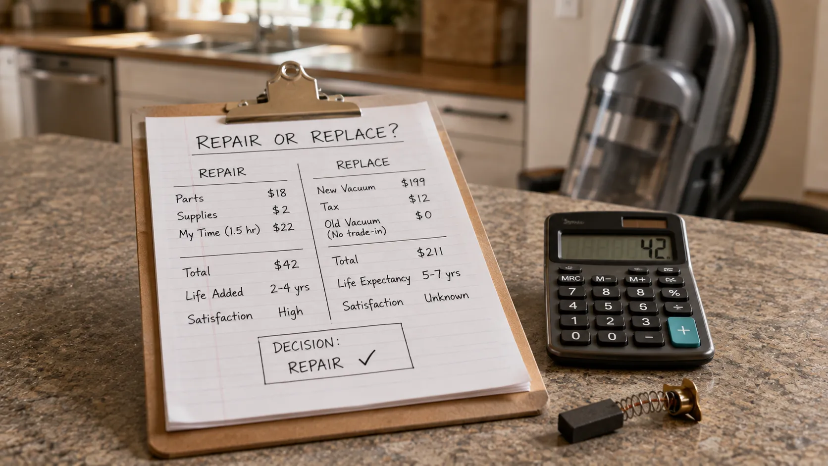A repair-or-replace worksheet, calculator, and vacuum part used to decide whether a dead vacuum is worth fixing.