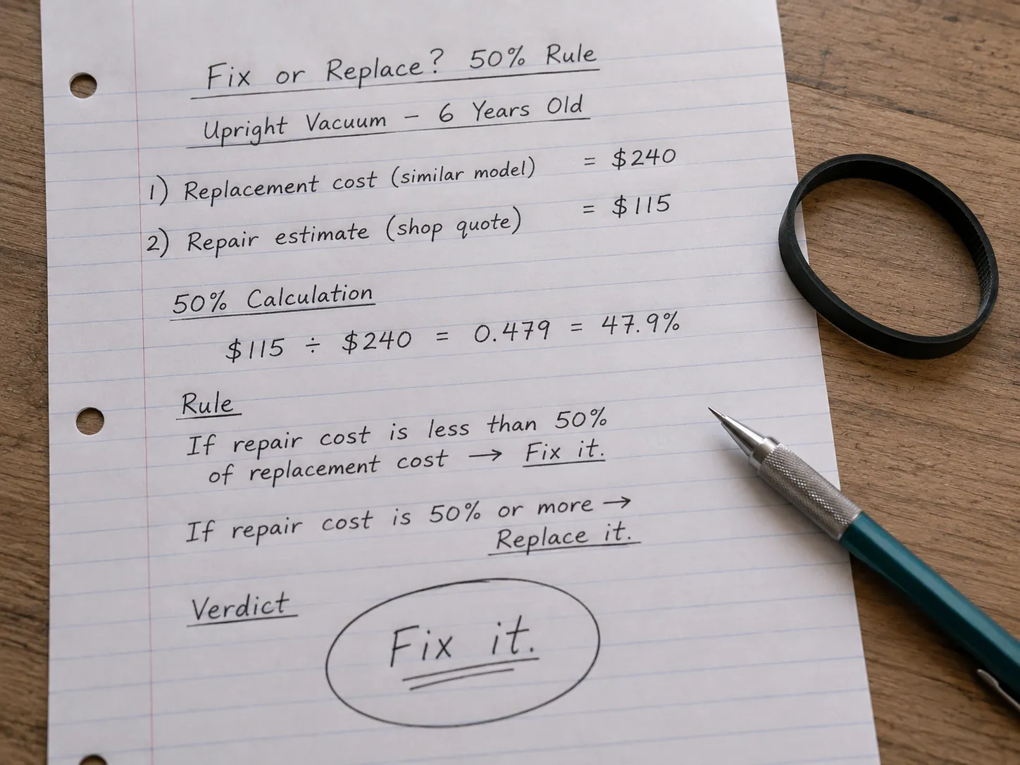 Handwritten fix-or-replace worksheet applying the 50 percent rule to a six-year-old upright vacuum.