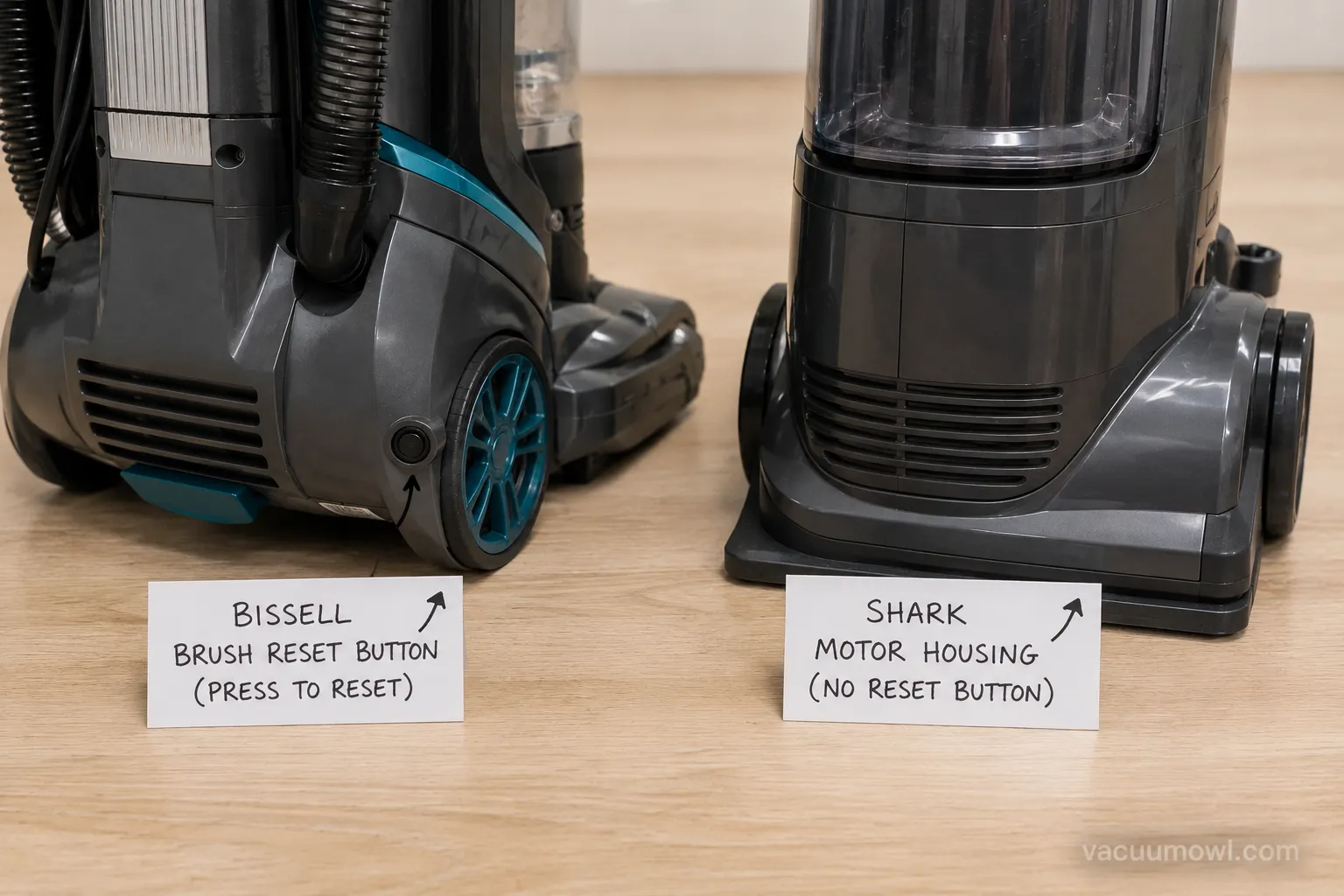 Bissell brush reset button versus Shark housing with no reset button.