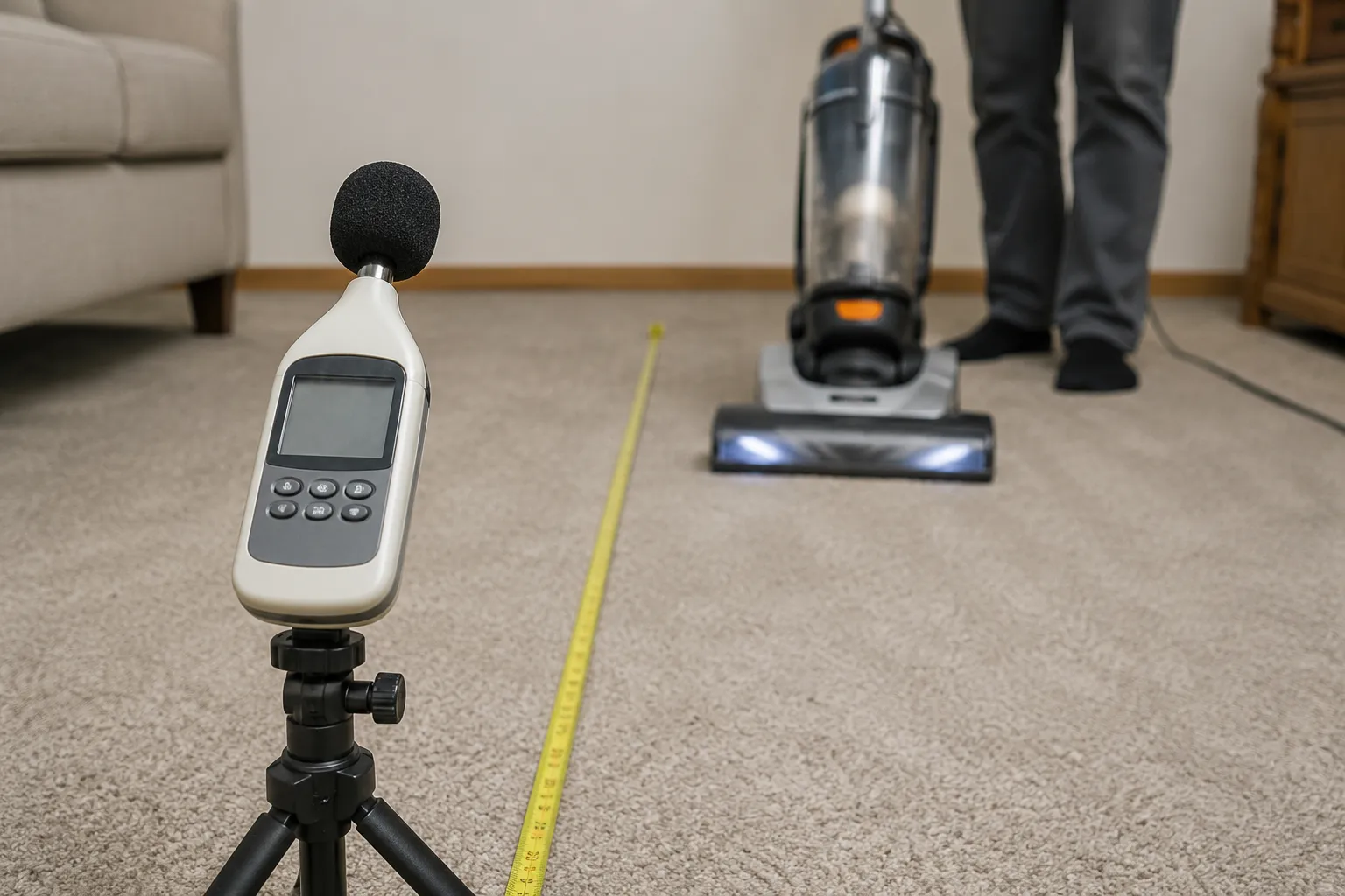 Sound level meter on a tripod measuring an upright vacuum from one metre away on carpet under consistent test conditions.