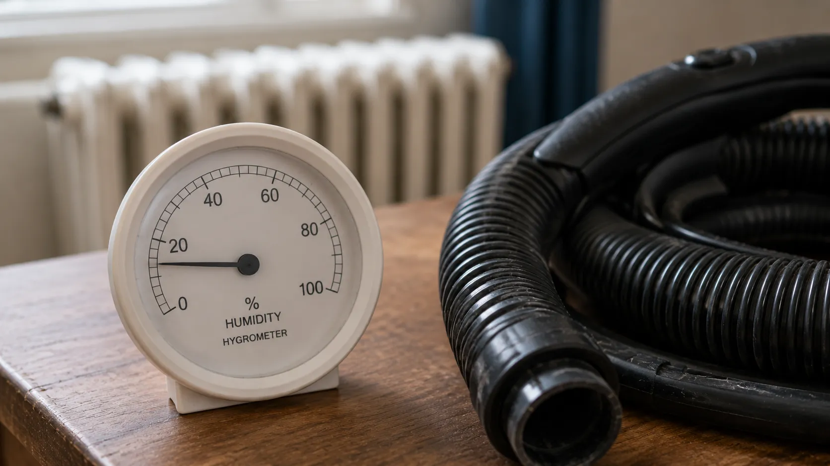 a hygrometer showing low indoor humidity beside a vacuum hose