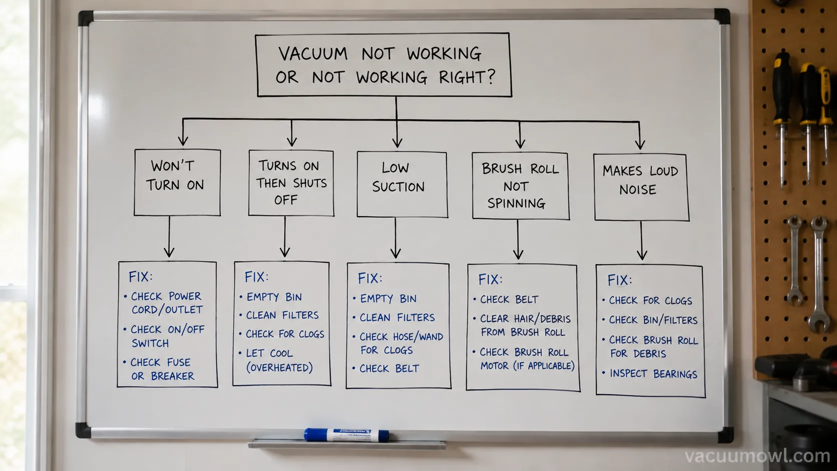 hand-drawn flowchart routing vacuum symptoms to their matching fix