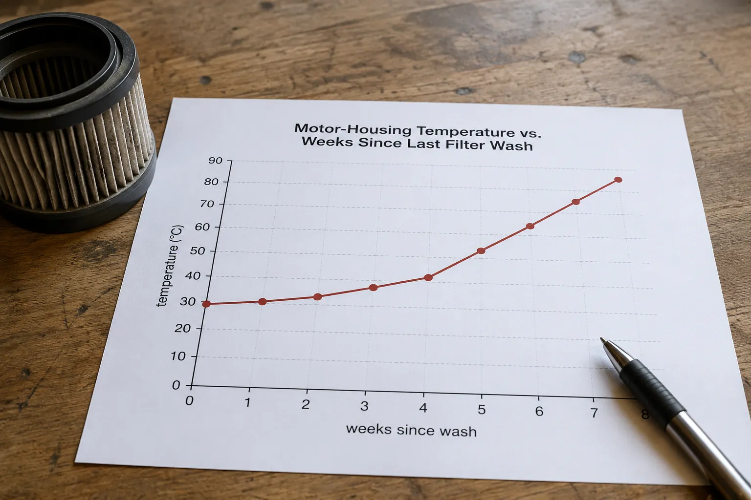 chart of vacuum motor temperature versus filter cleaning interval