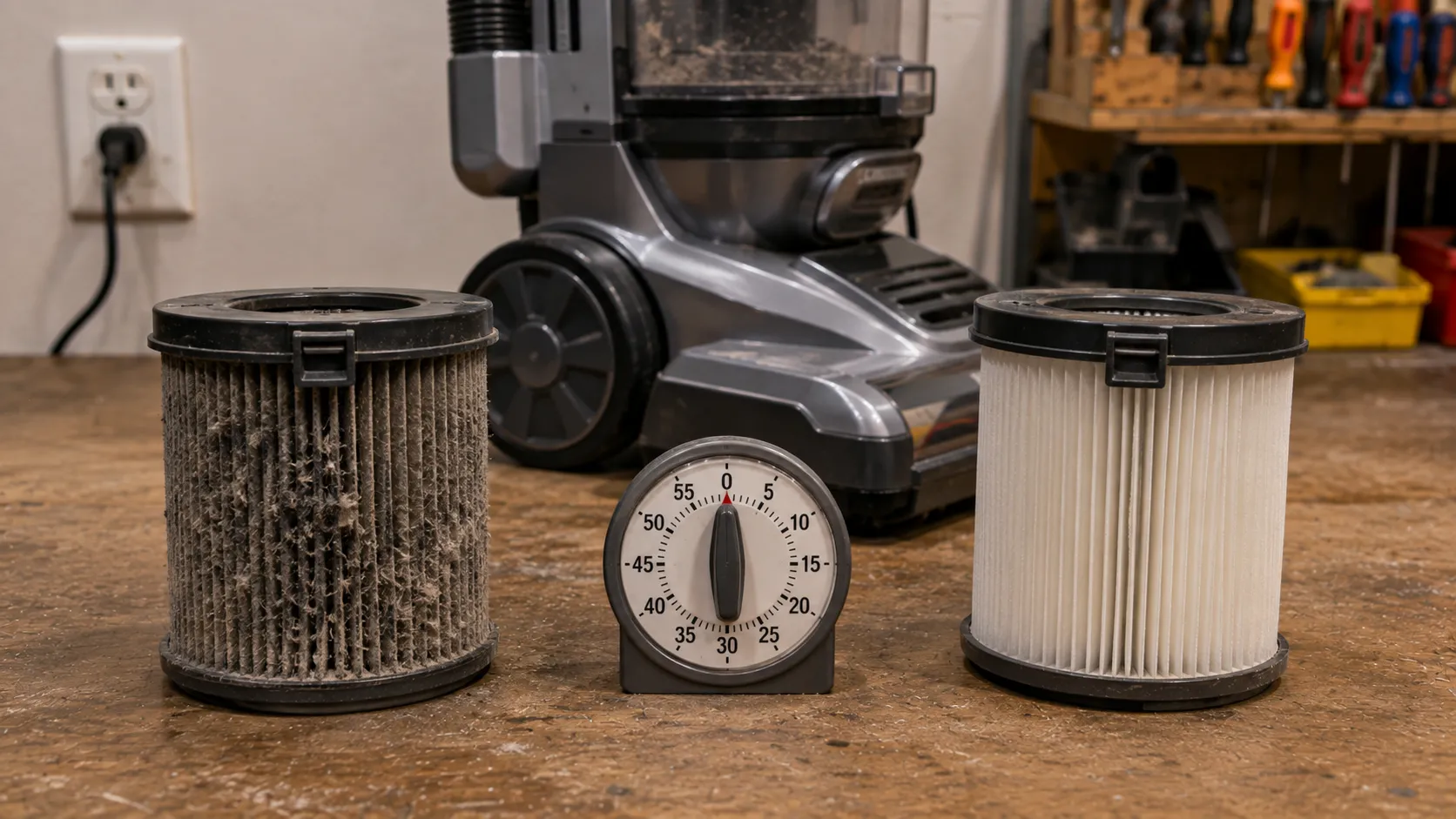 A dirty and a cleaned vacuum filter beside a timer illustrating a thermal cut-off cool-down test.