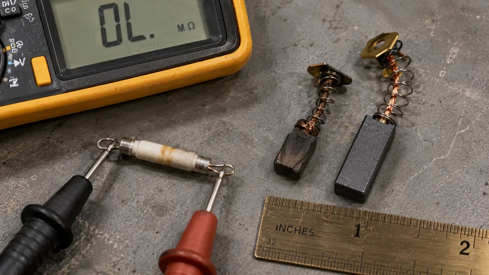 A thermal fuse under a multimeter beside a worn and a new carbon brush from a vacuum motor.
