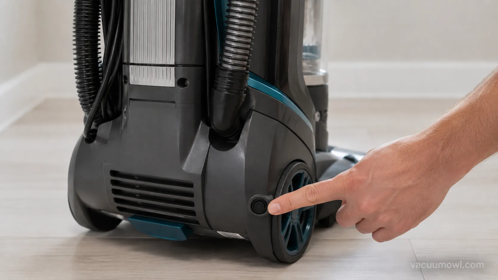 Bissell upright brush reset button location on the lower back-right of the body.