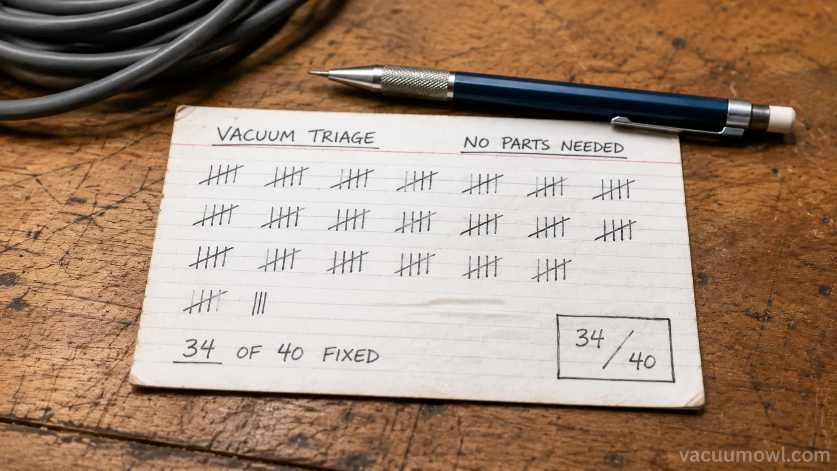 handwritten tally card showing 34 of 40 vacuums fixed without new parts