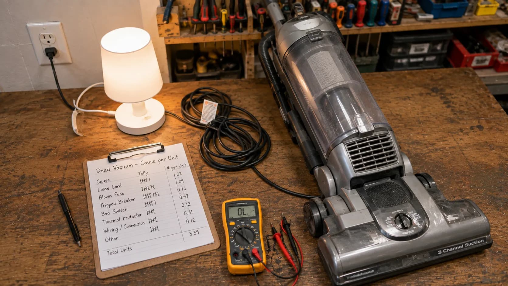 Repair bench showing a dead vacuum beside a lamp on the same outlet during a no-power triage.