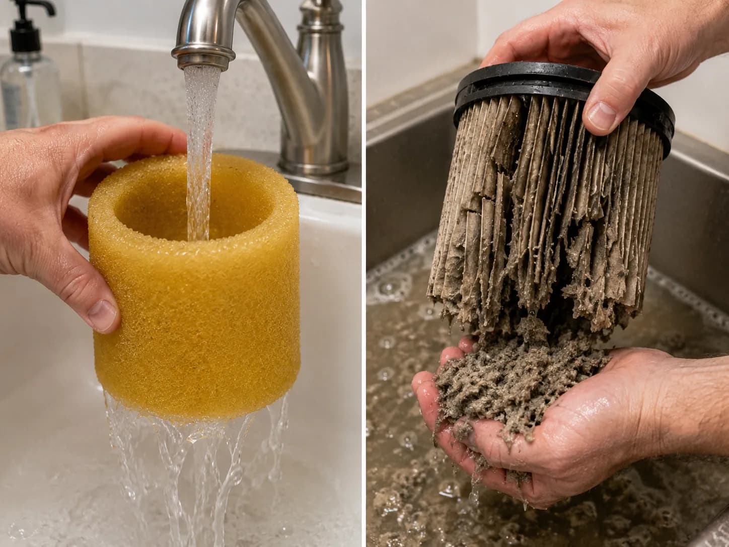 A foam shop vac filter rinsing clean next to a paper filter falling apart in water.