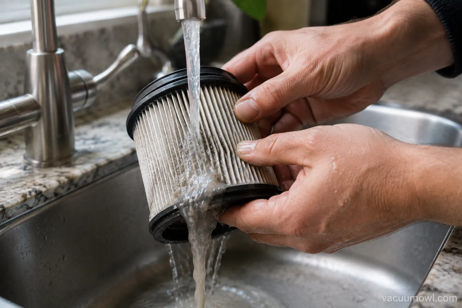 washing a vacuum filter after picking up cat litter to stop the smell