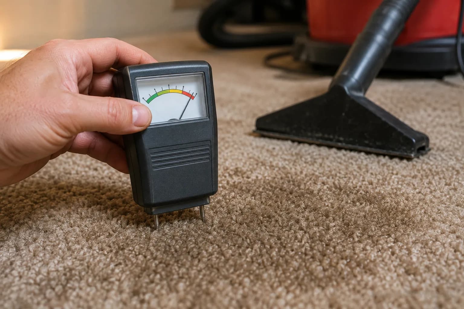 moisture meter showing a wet carpet pad after a shop vac lifted surface water