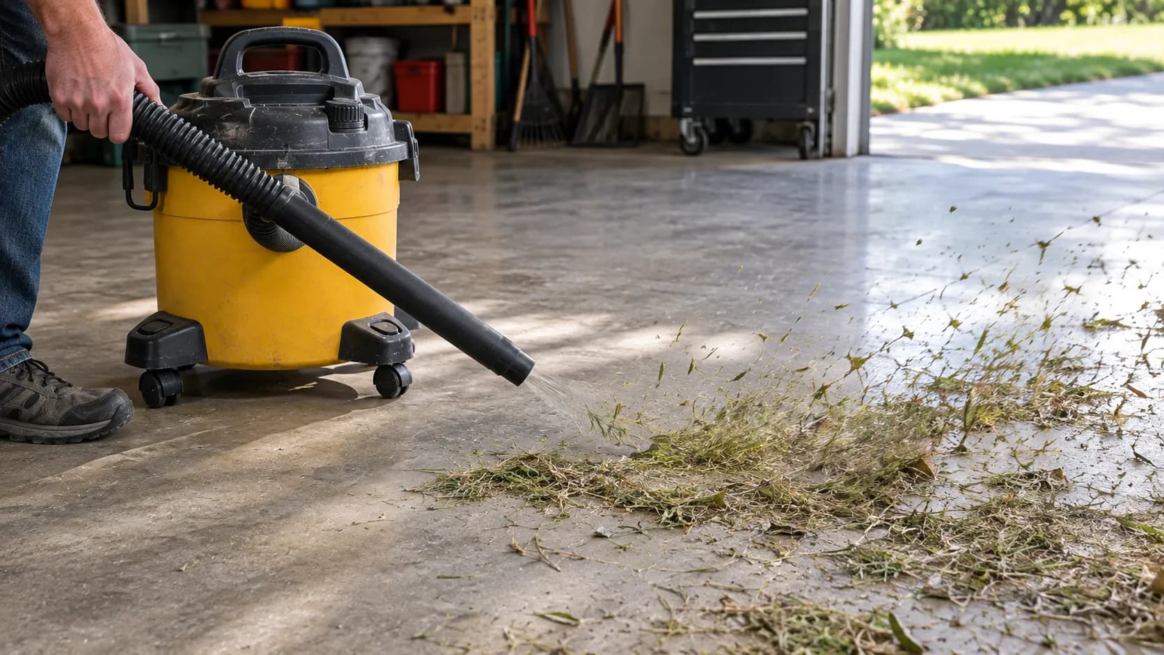 Canister wet dry vacuum in blower mode clearing dry grass clippings across a concrete garage floor.