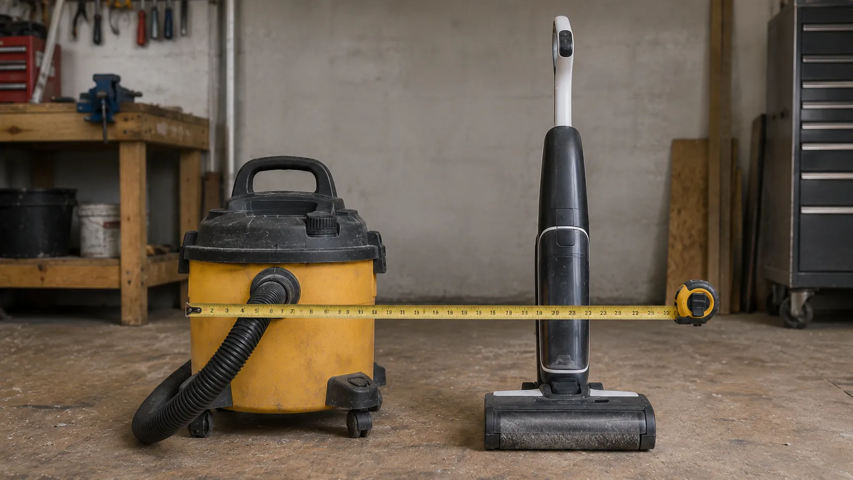 Canister wet dry vacuum and cordless floor washer photographed side by side with a tape measure for scale on a workshop floor.